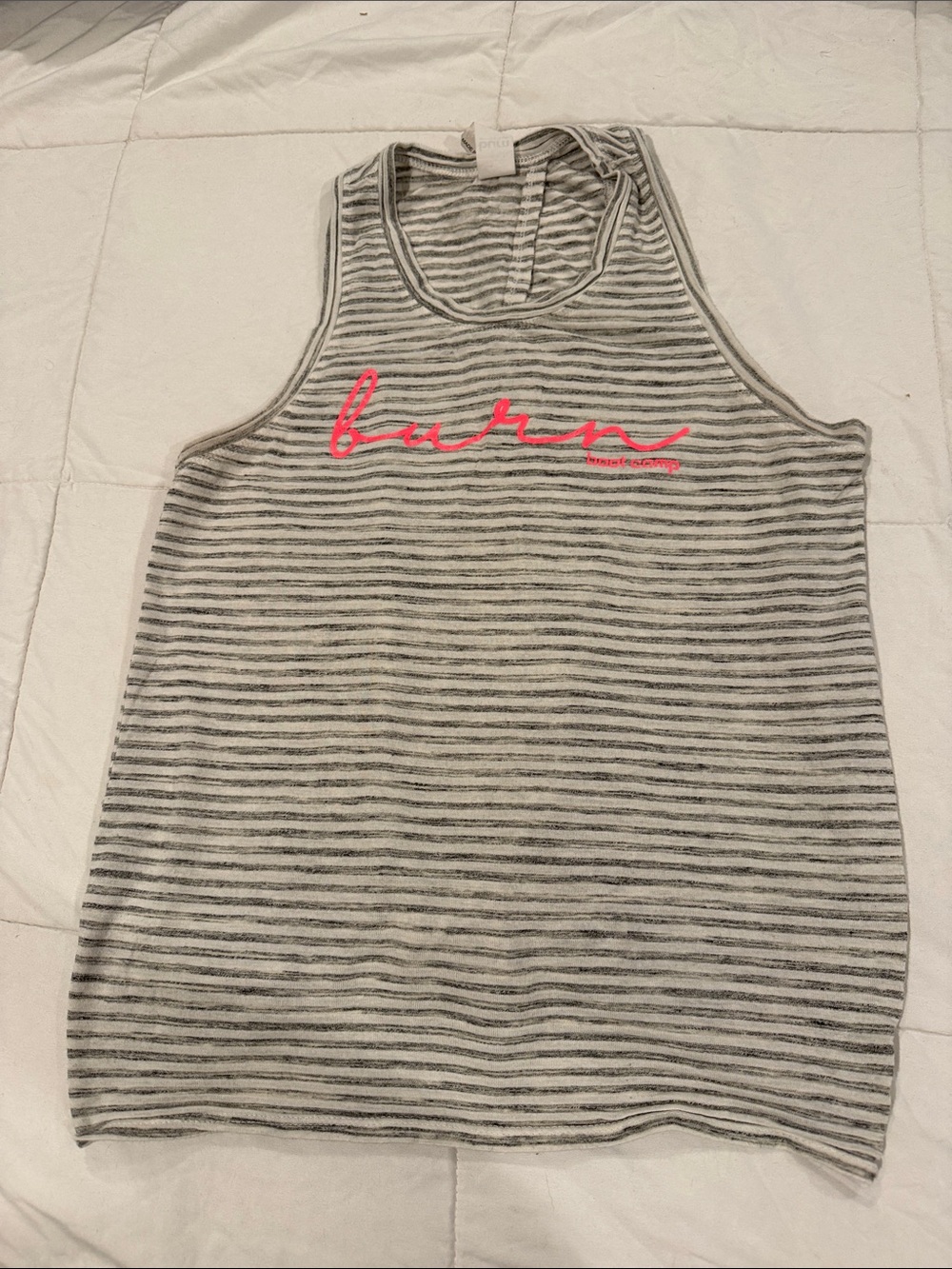Striped Gray & White Tank Top with Pink 'burn' Script